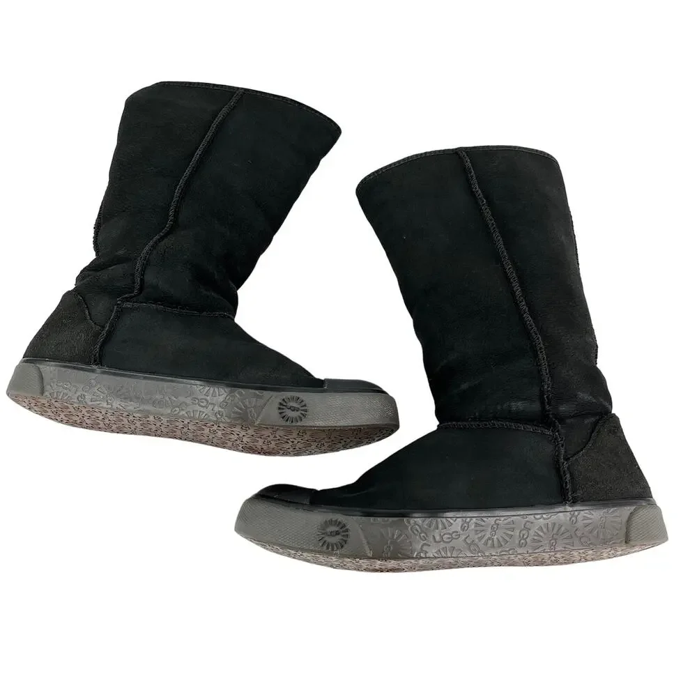 Ugg Delaine Sheepskin Boots 7 Black 1886 Fold Over